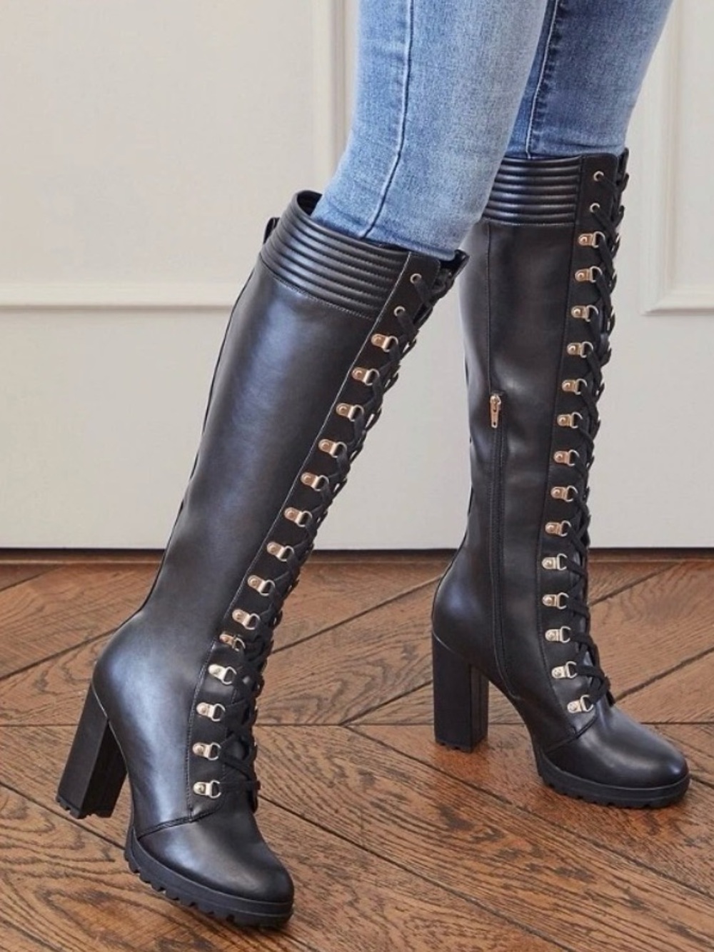 JustFab Eliza Calf Lace Up Side Zip Heeled Faux Leather Boots Black 8.5 New